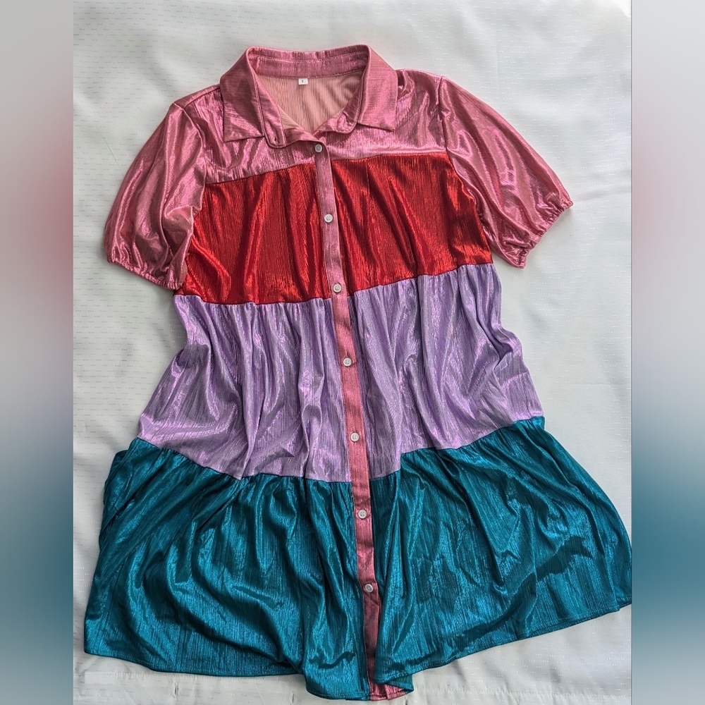 NWOT Women's Shirt Dress | Button Down Dress | Colorblock Party Dress | Size Lar